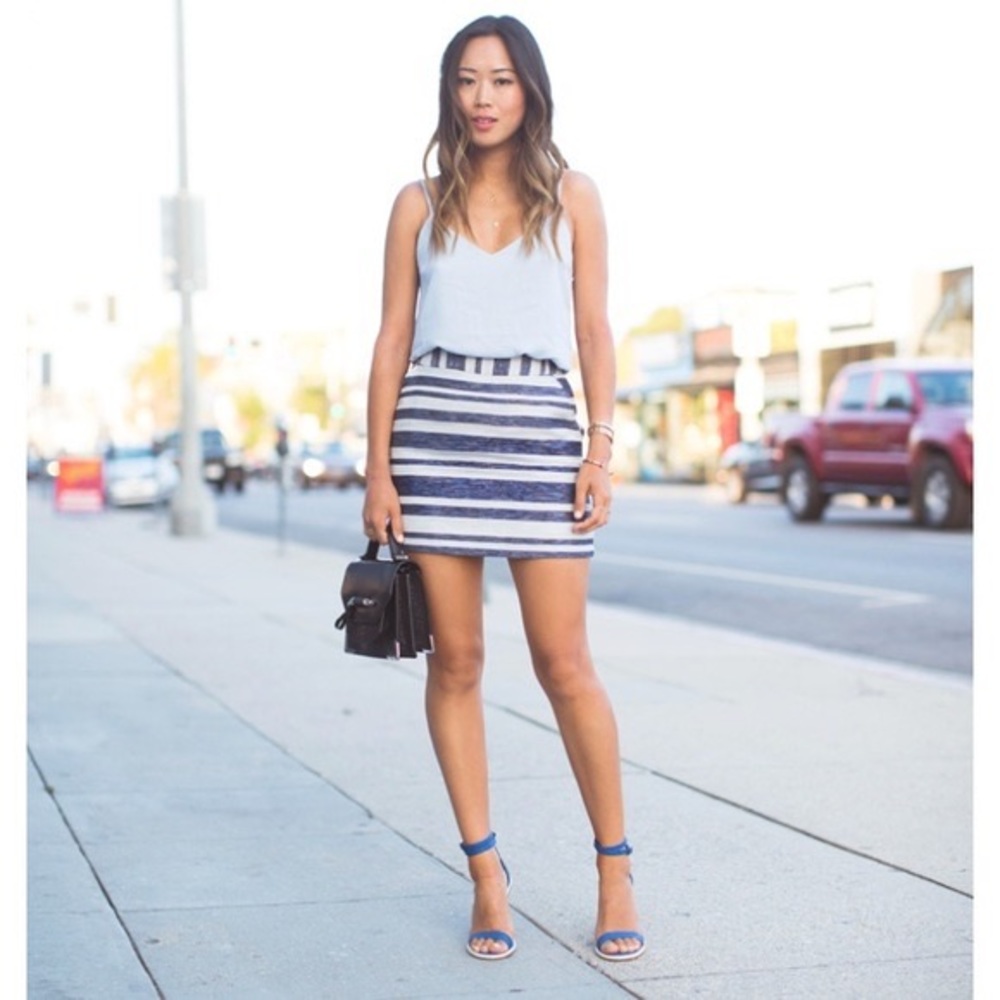 PIM + LARKIN Blue and Off White Striped Textured Mini Skirt Medium